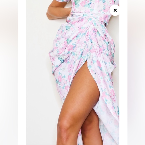 ◾️Pretty Little Thing Nude Floral Bardot Draped Skirt MIDI Dress - Picture 7 of 10